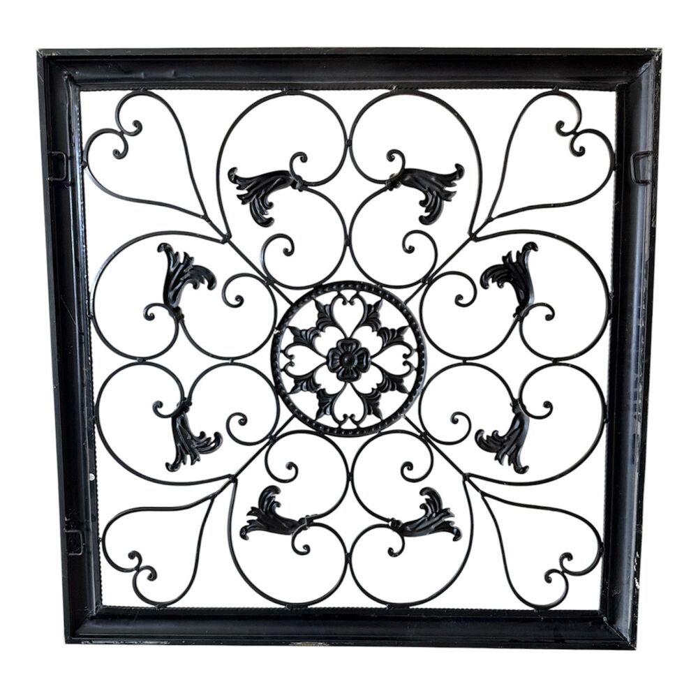 Fleur-de-Lis Black Metal Scrollwork Wall Medallion Panel Wrought Iron Decor Art